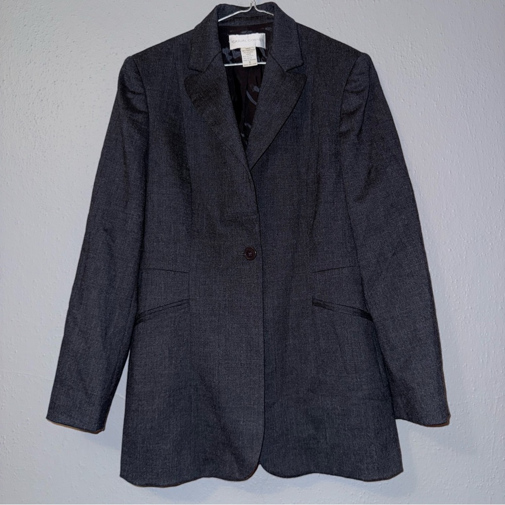 VTG 90s Gray Wool Blend rayon Blazer Women Size 6 Shoulder Pads Preppy Old Money